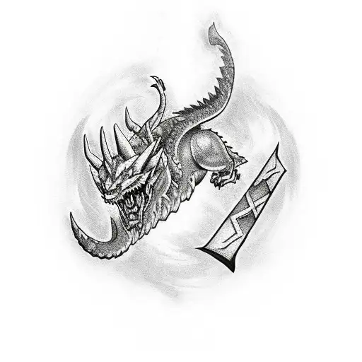 nordic sleeve with fatalis from monster hunter and nordic runes tattoo design idea