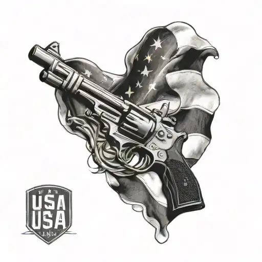 A black-grey tattoo of the American flag waving in the wind, with a subtle silhouette of a gun in the background, showcasing the client's love for the USA and firearms tattoo design idea