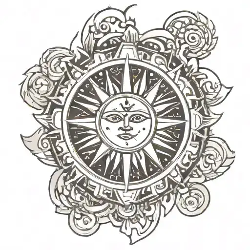 The tattoo design features a central sun symbol  Surrounding the sun are intricate elements of Karna's divine armor and  tattoo design idea