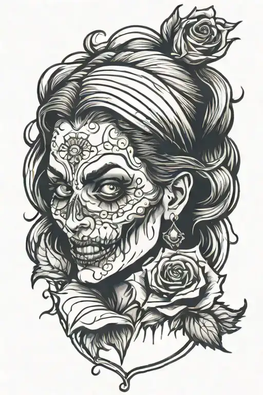 evil woman face zombie black rose tattoo design idea