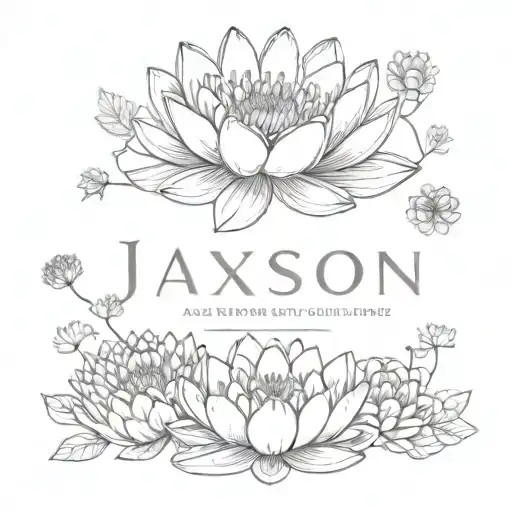 water lily and chrysanthemum bouquet with the words Jaxson and Landon  tattoo design idea