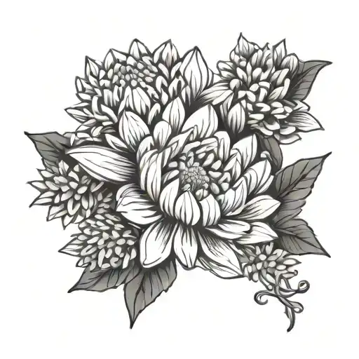 minimalistic water lily and chrysanthemum bouquet  tattoo design idea