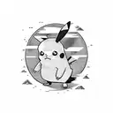 A Pikachu wielding an AK-47 in a blackwork style tattoo design idea