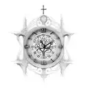 Clock, 3 crosses, roman numeral 7, tree of life, clouds, praying hands tattoo design idea