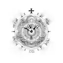 Clock, 3 crosses, roman numeral 7, tree of life, clouds, praying hands tattoo design idea