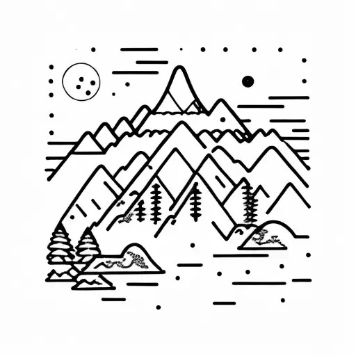 A tranquil mountain landscape with a peaceful river flowing through it tattoo design idea