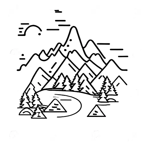 A tranquil mountain landscape with a peaceful river flowing through it tattoo design idea