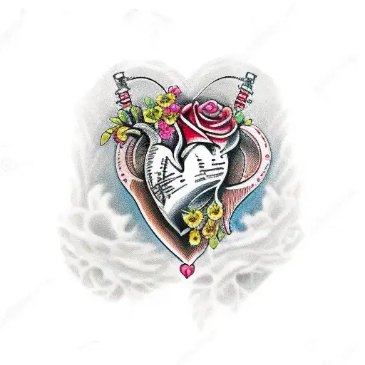 heart anatomical with flowers on steampunk style tattoo design idea