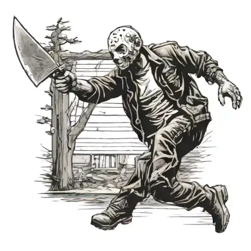 jason from friday 13th running behind a fleeing woman weilding his knife  tattoo design idea