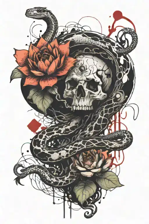 snakes and lotus flowers with the words a morte e ritorno down the middle  tattoo design idea