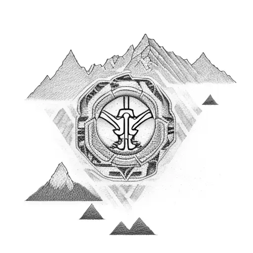 A dotwork tattoo featuring an Ironman triathlon symbol merged with a mountain landscape, representing the client's dedication to both their hobby and occupation. tattoo design idea