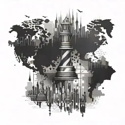 A chess board transforming into a map of the world tattoo design idea