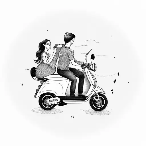 Son and wife with husband on a scooter with wheels of musical notes with carrier on the scooter shooping bags tattoo design idea