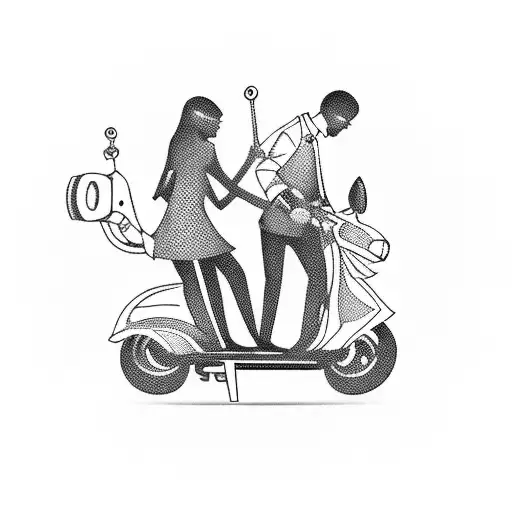 Son and wife with husband on a scooter with wheels of musical notes with carrier on the scooter shooping bags tattoo design idea