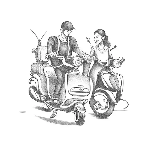 Son ,wife and husband on a scooter with wheels of musical notes with carrier on the scooter shooping bags tattoo design idea