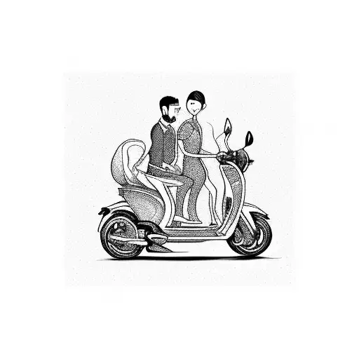Son and wife with husband on a scooter with wheels of musical notes with carrier on the scooter shooping bags tattoo design idea