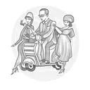 Son and wife with husband on a scooter with wheels of musical notes with carrier on the scooter shooping bags tattoo design idea