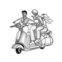 Son and wife with husband on a scooter with wheels of musical notes with carrier on the scooter shooping bags tattoo design idea