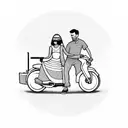 Son and wife with husband on a scooter with wheels of musical notes with carrier on the scooter shooping bags tattoo design idea