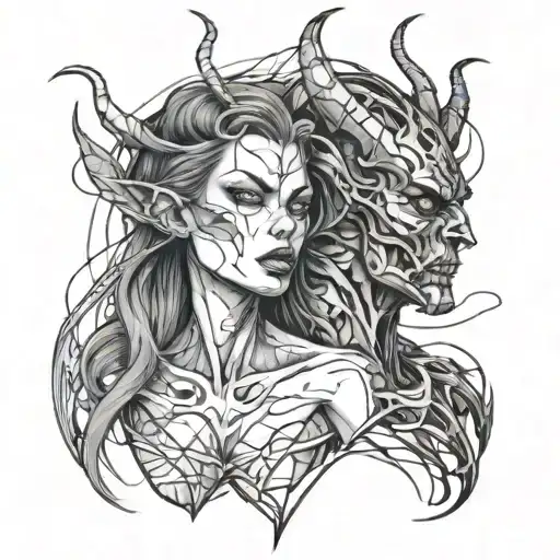 split personality demon and woman, with a lot of sketch random lines tattoo design idea