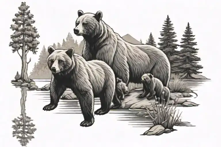 mama bear with three cubs and a lake/tree scene inside the mama bear  tattoo design idea