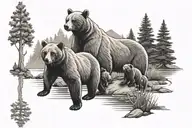 mama bear with three cubs and a lake/tree scene inside the mama bear  tattoo design idea
