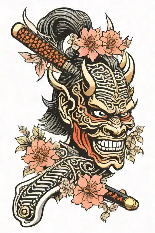 japanese oni mask katana with cherry blossoms tattoo design idea