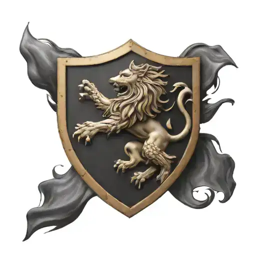  familiar crest of a rampant lion moving from the four corners of the shield. outside the shield a crown and lions. tattoo design idea