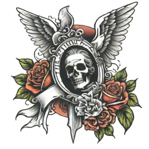 Forearm tattoo,, with teary eyes, tombstone, roses, doves, broken hearts, angel and dice  tattoo design idea