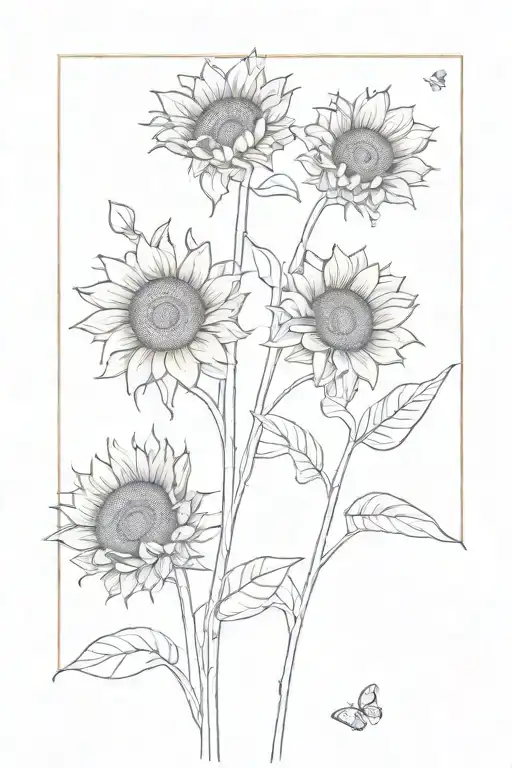3 sunflowers in a line, the middle one bigger in size. flowers and leaves only, no stems. 2 butterflies, one flying and  tattoo design idea