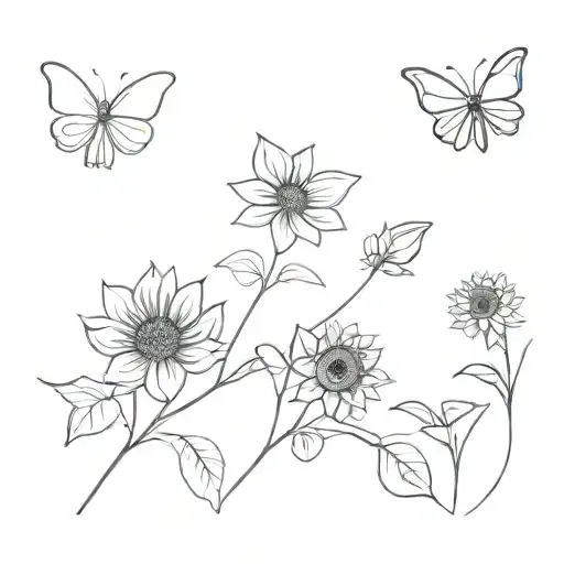 3 sunflowers and 2 butterflies tattoo design idea