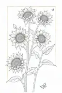 3 sunflowers in a line, the middle one bigger in size. flowers and leaves only, no stems. 2 butterflies, one flying and  tattoo design idea