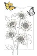 3 sunflowers in a line, the middle one bigger in size. flowers and leaves only, no stems. 2 butterflies, one flying and  tattoo design idea