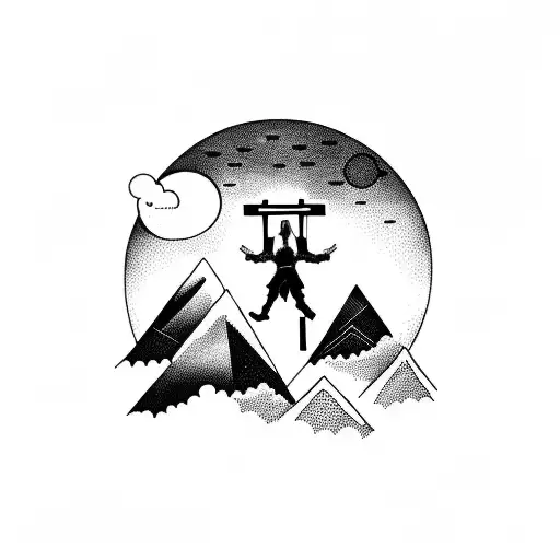 A man hovering in the sky with arms outstretched and body forming a cross above a mountain with peaks at sunset  tattoo design idea