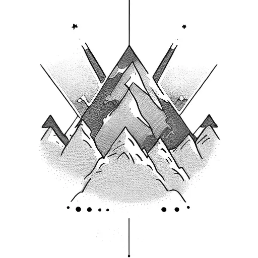 A man hovering in the sky with arms outstretched legs close together above  mountain peaks at sunset  tattoo design idea