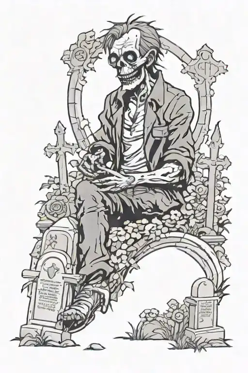 Zombie in a graveyard scene with tombstones adorned with gothic tattoo design idea