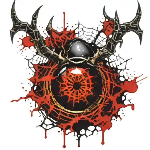 Satanic Realistic Eye, cracked and bleeding. dark black blood red. Bleeding Thorns spider web and horns Gold tattoo design idea