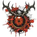 Satanic Realistic Eye, cracked and bleeding. dark black blood red. Bleeding Thorns spider web and horns Gold tattoo design idea