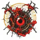 Satanic Realistic Eye, cracked and bleeding. dark black blood red. Bleeding Thorns spider web and horns Gold tattoo design idea