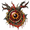 Satanic Realistic Eye, cracked and bleeding. dark black blood red. Bleeding Thorns spider web and horns Gold tattoo design idea