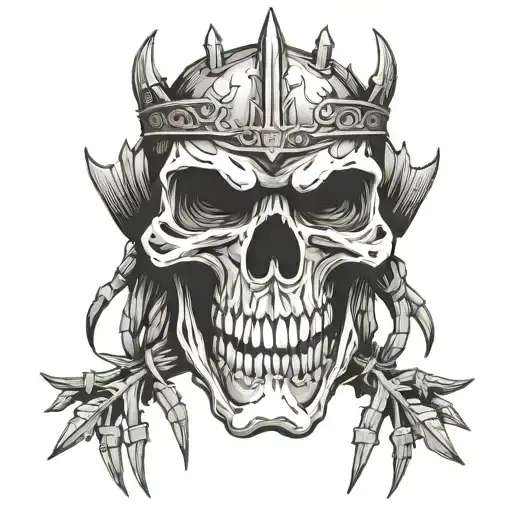  Samurai skull with teeth on the knee with a crown of thorns in black and white style without color tattoo design idea