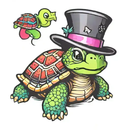 a small cute happy turtle with a top hat tattoo design idea