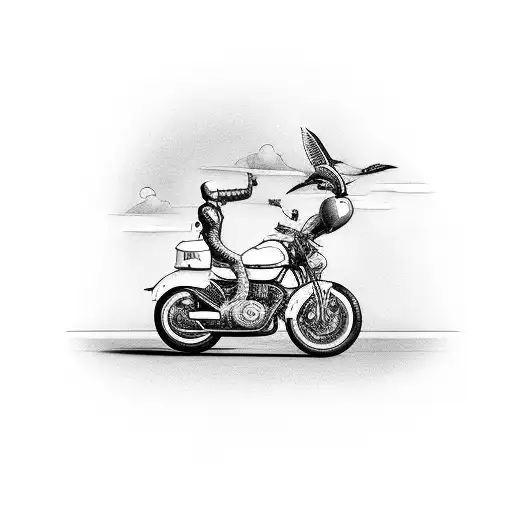 A surreal scene of a motorcycle riding along a winding road that transforms into a flight path in the sky tattoo design idea