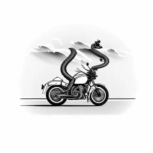 A surreal scene of a motorcycle riding along a winding road that transforms into a flight path in the sky tattoo design idea