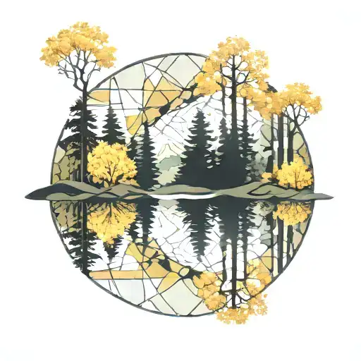 An aspen tree forest reflected in a calm lake, with a geometric pattern overlay with dense forest with a river winding tattoo design idea