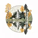 An aspen tree forest reflected in a calm lake, with a geometric pattern overlay with dense forest with a river winding tattoo design idea