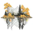 An aspen tree forest reflected in a calm lake, with a geometric pattern overlay with dense forest with a river winding tattoo design idea