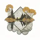 An aspen tree forest reflected in a calm lake, with a geometric pattern overlay with dense forest with a river winding tattoo design idea