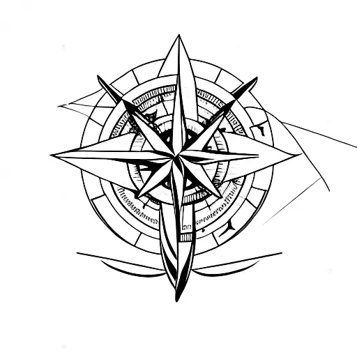 A minimalist tattoo of a compass rose surrounded by various outdoor elements like trees, mountains, and a hunting rifle, capturing the client's passion for the outdoors and hunting tattoo design idea