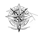 A minimalist tattoo of a compass rose surrounded by various outdoor elements like trees, mountains, and a hunting rifle, capturing the client's passion for the outdoors and hunting tattoo design idea
